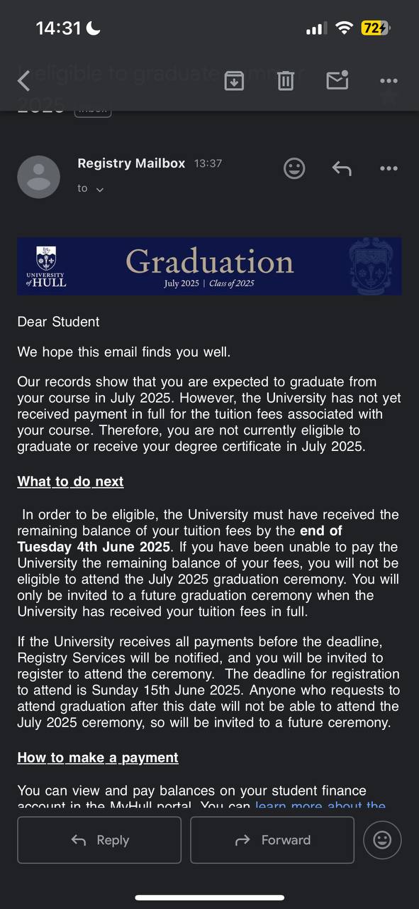 Screenshot of University Fees Email